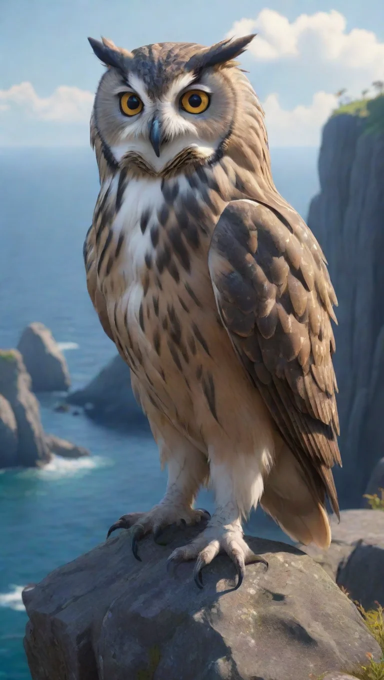 best quality owl hd aesthetic ghibli style huge gangster owl aesthetic perching on cliffs seaside stunning best artstation top 5 tall