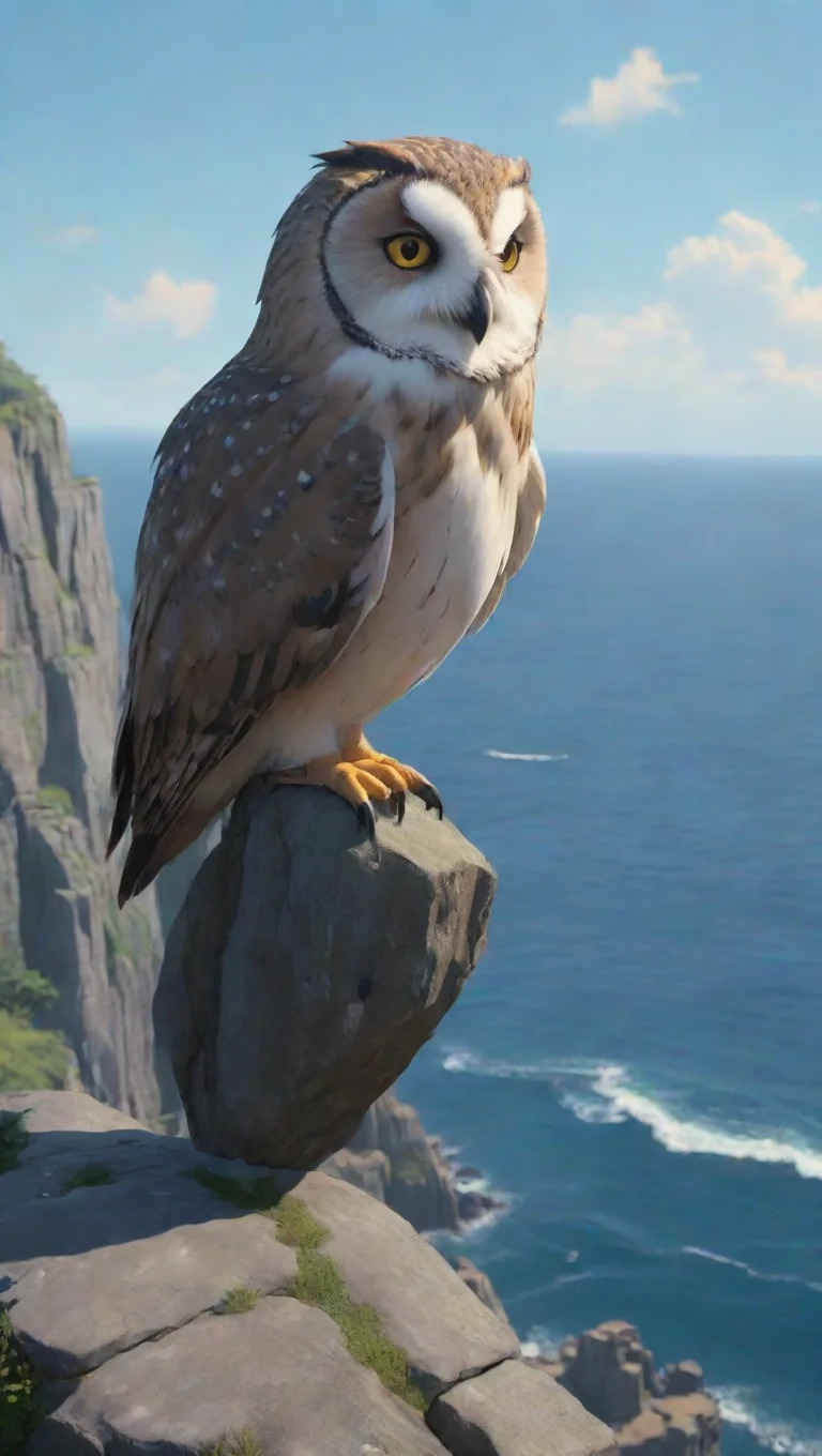 aibest quality owl hd aesthetic ghibli style huge gangster own aesthetic perching on cliffs seaside stunning best artstation top 5 tall