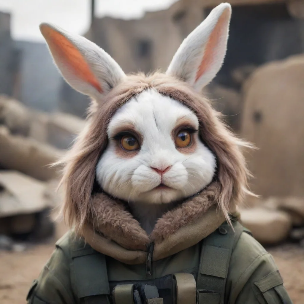 best quality portrait of a cute sad furry rabbit woman in a warzone. 5
