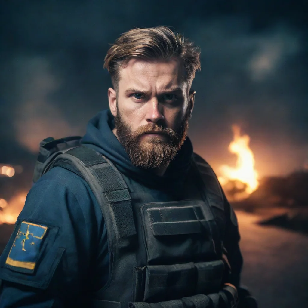 aibest quality portrait of a young angry bearded swedish space soldier staring at viewer burning city in background nighttime 5