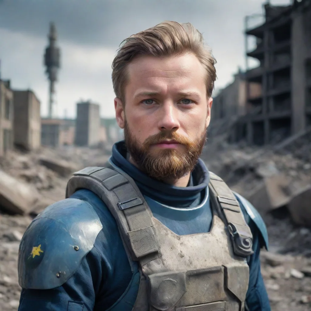 aibest quality portrait of a young swedish space soldier with beard. alien city in rubbles in background. 5