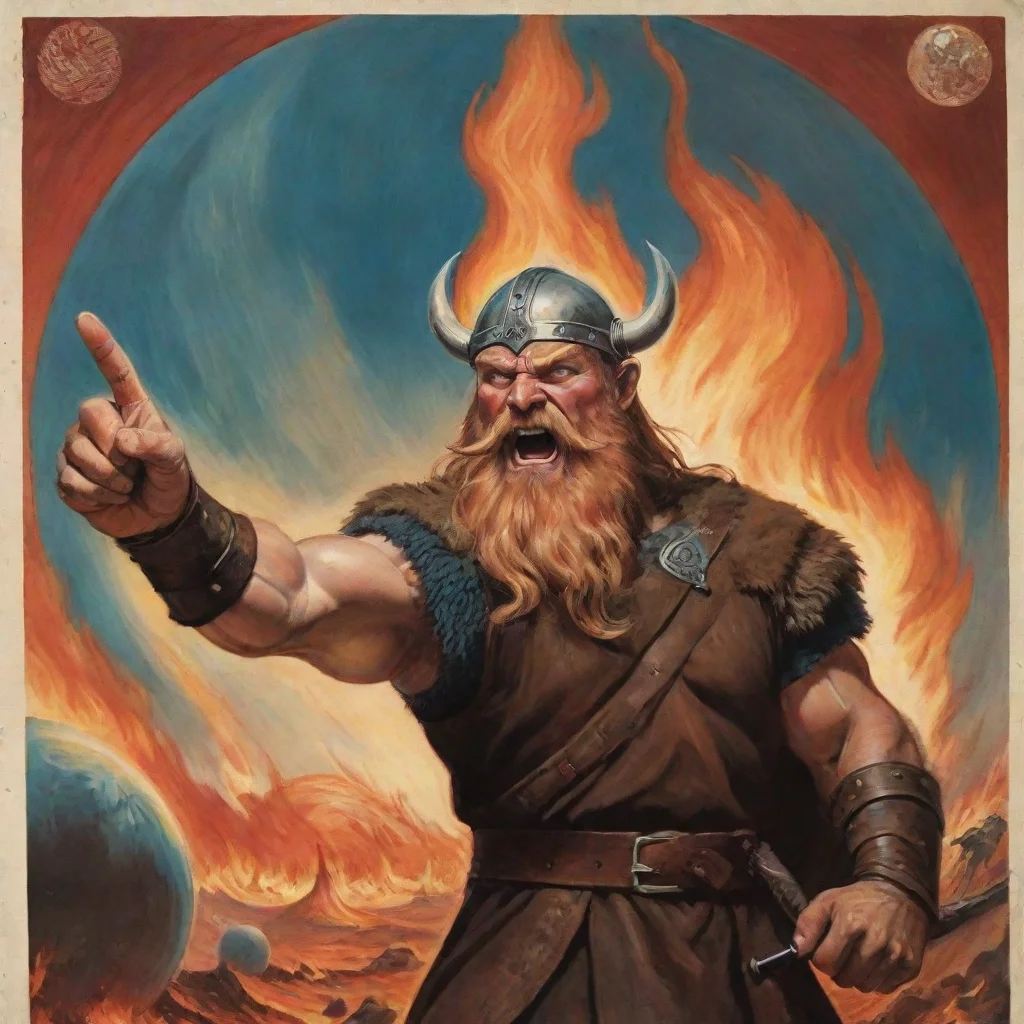aibest quality propaganda poster of an angry viking pointing at a burning planet. 5