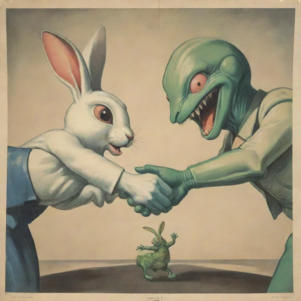 aibest quality propaganda poster of human shaking hands with cartoon anthropomorphic alien rabbit 5