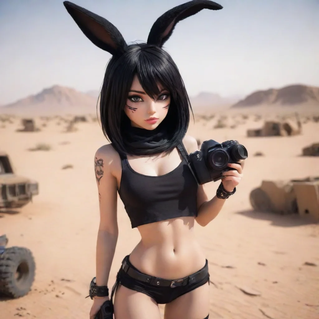 aibest quality seductive cartoon anthropomorphic black haired emo rabbit woman with camera in warzone desert hd 5