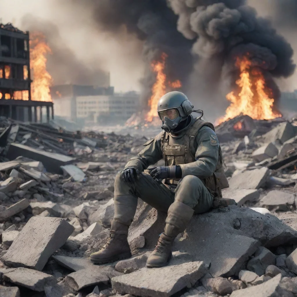 aibest quality tired swedish soldier sitting on rubble while sci fi alien city burns in the background 5