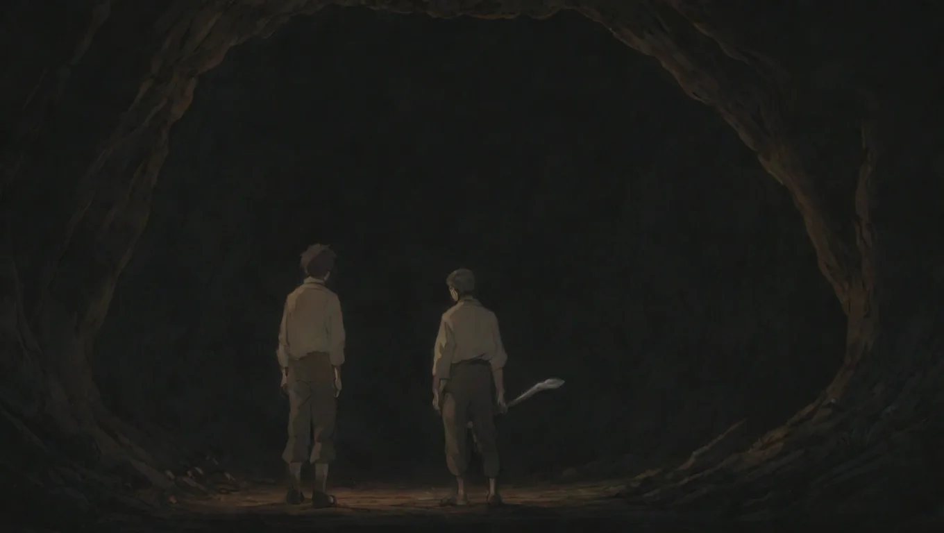 aibest quality two men oldendays one warror in torchlit cave hd ghibli anime aesthetic dark horror 1800 vibe  5 widescreen