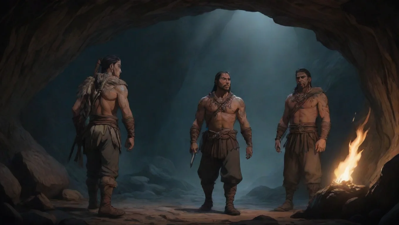 aibest quality two soldiers european and maori warrior strong in torchlit cave hd ghibli anime aesthetic dark horror 1800 vibe environment 5 widescreen