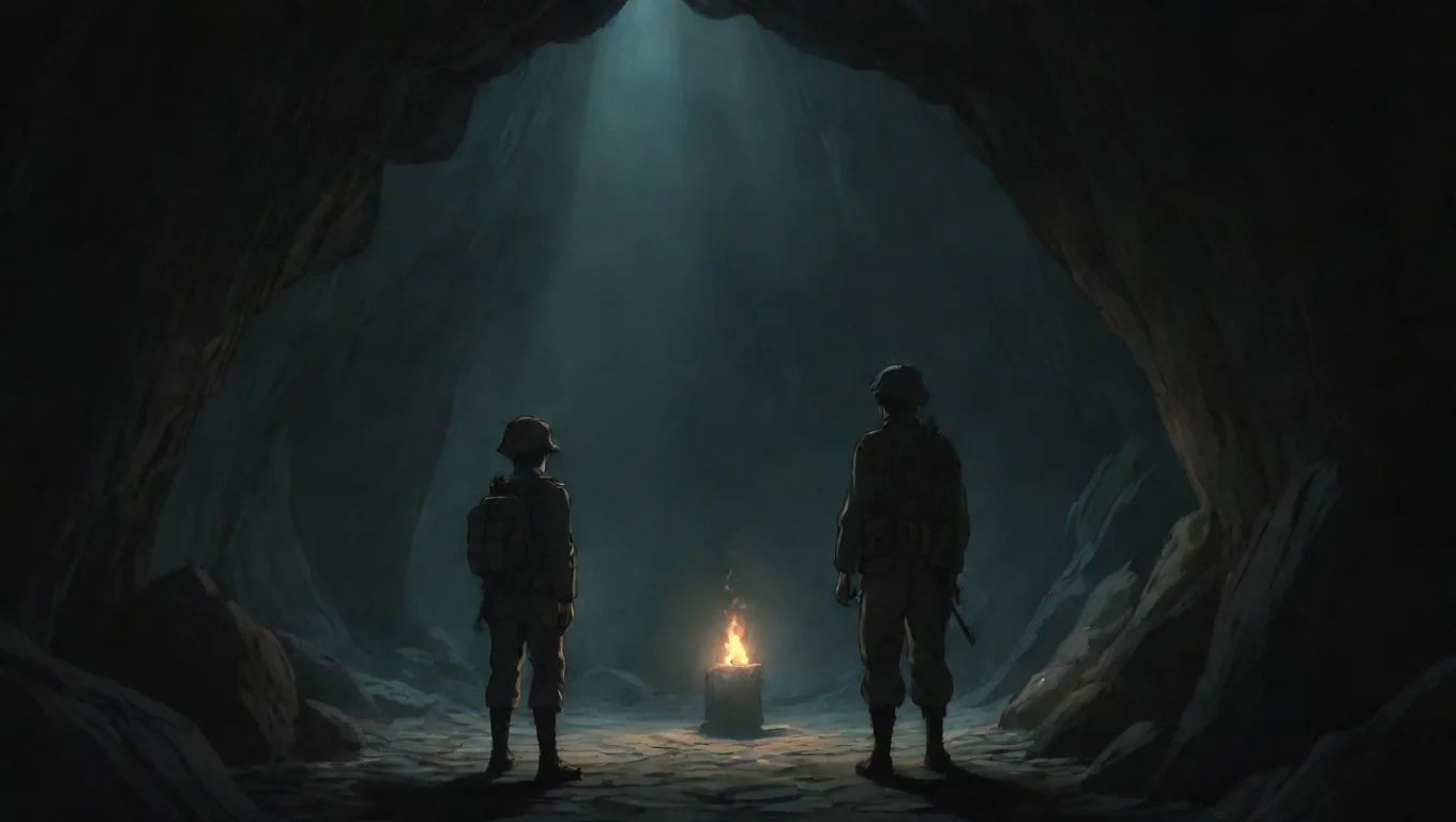 best quality two soldiers in torchlit cave hd ghibli anime aesthetic dark horror 1800 vibe environment 5 widescreen