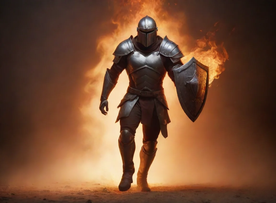 aibest quality walking through fire with shield on fire stylized artistic warrior tech model masculine gradient haze interesting 5 landscape43