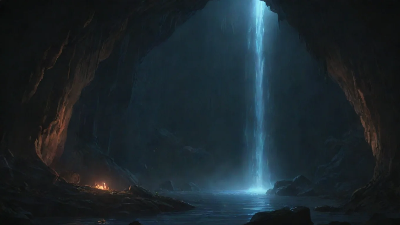 aibest quality waterfall in torchlit cave hd ghibli anime aesthetic dark horror 1800 vibe environment lighting 5 widescreen
