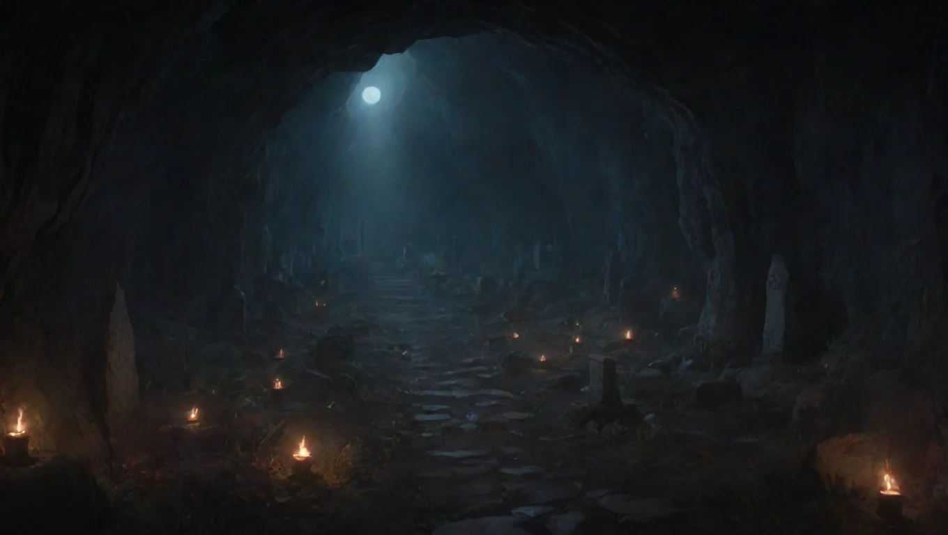 aibest quality winding deep torchlit graveyard in cave hd ghibli anime aesthetic dark horror 1800 vibe environment lit  5 widescreen