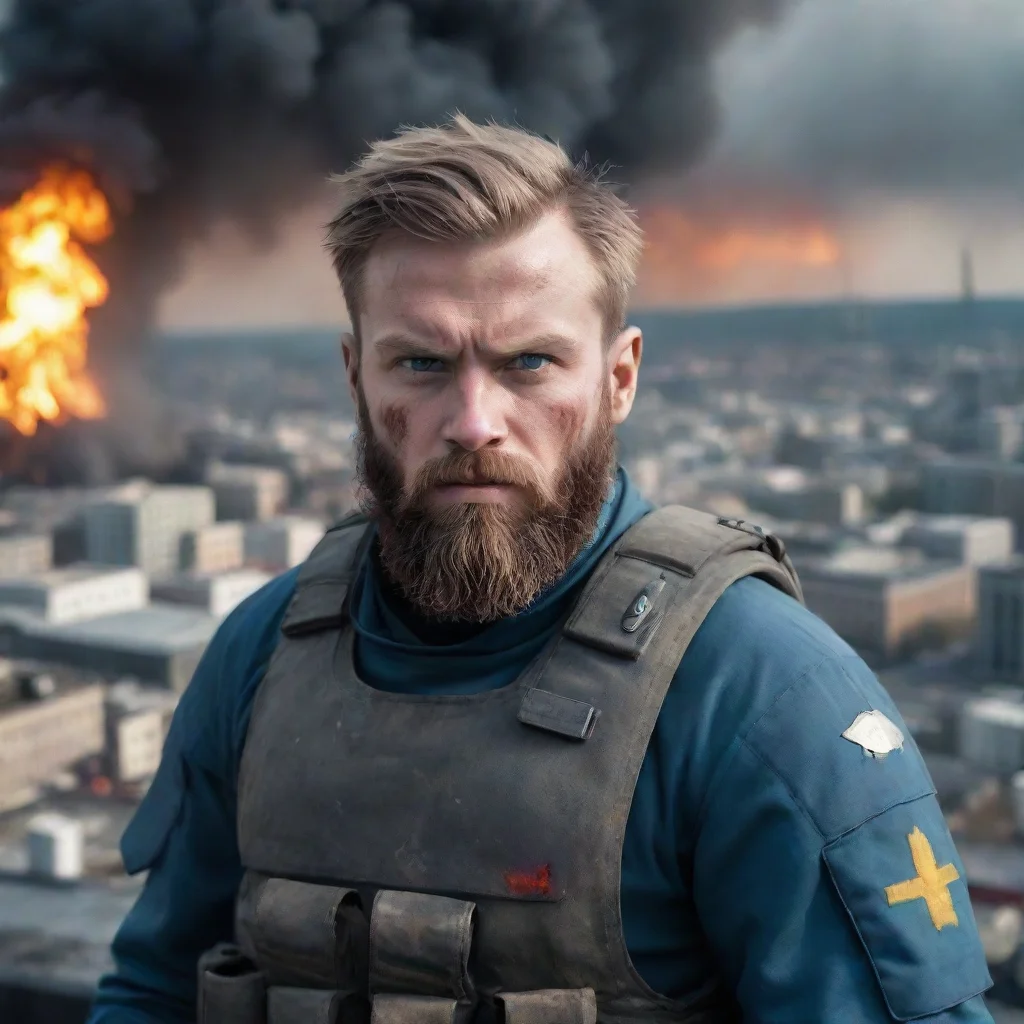 aibest quality young angry bloody scary bearded swedish space soldier staring at viewer frontal view burning city in background 5