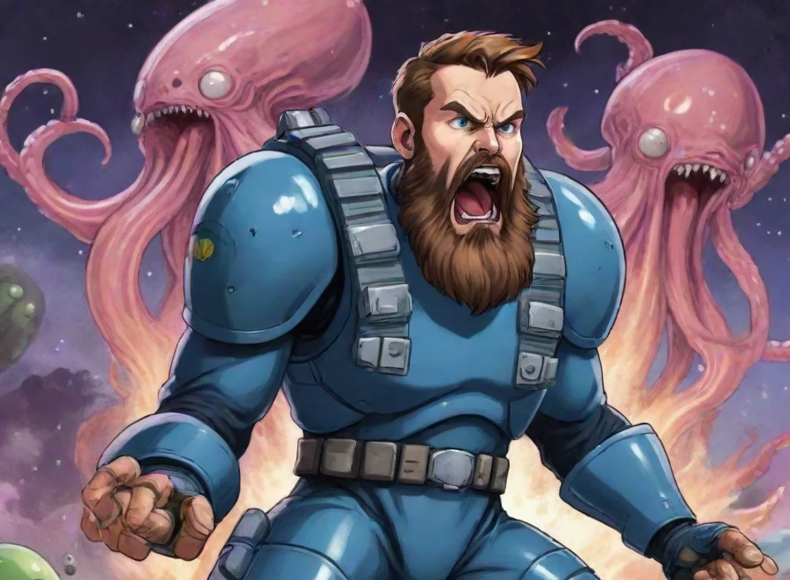 aibest quality young bearded angry screaming swedish space soldier man fighting alien squids wars anime style cartoon 5 landscape43