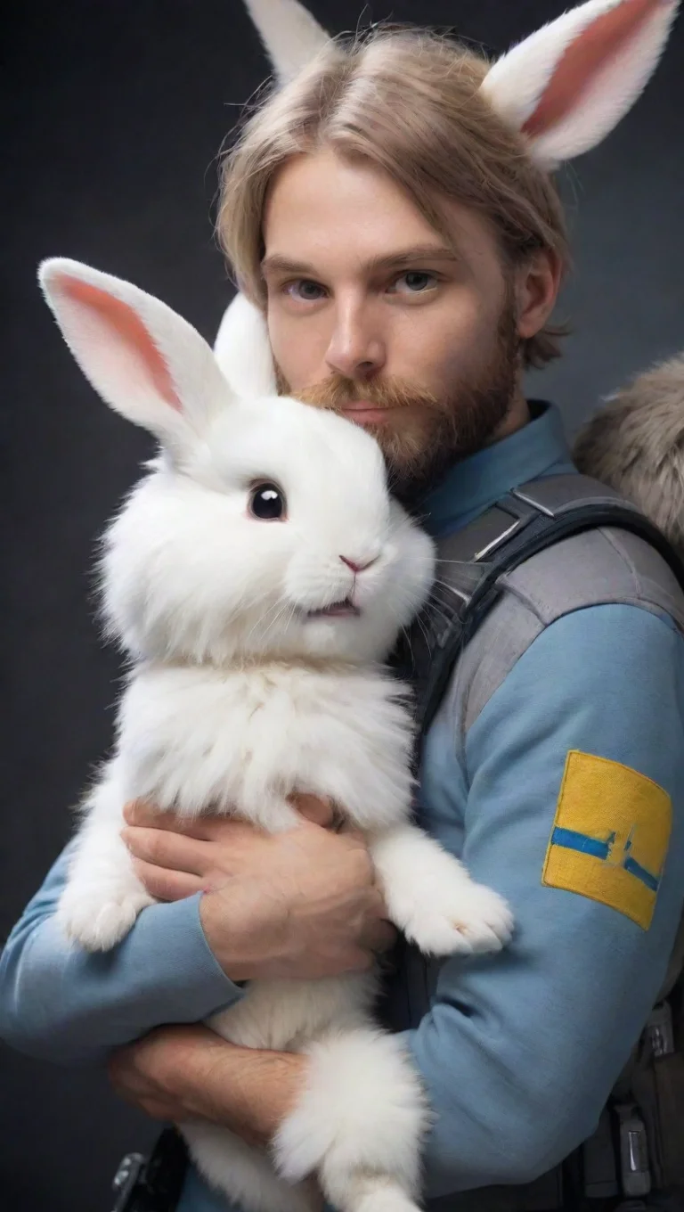 aibest quality young bearded human swedish space soldier hugging a femenine anthropomorphic furry rabbit hd 5 tall