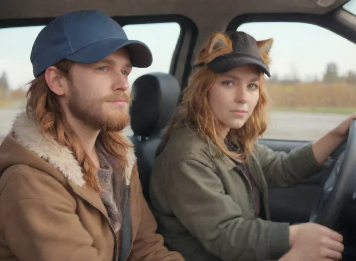 aibest quality young bearded swedish human trucker man with baseballcap driving with anthro furry catgirl tomboy couple lovers autumn hd 5 landscape43