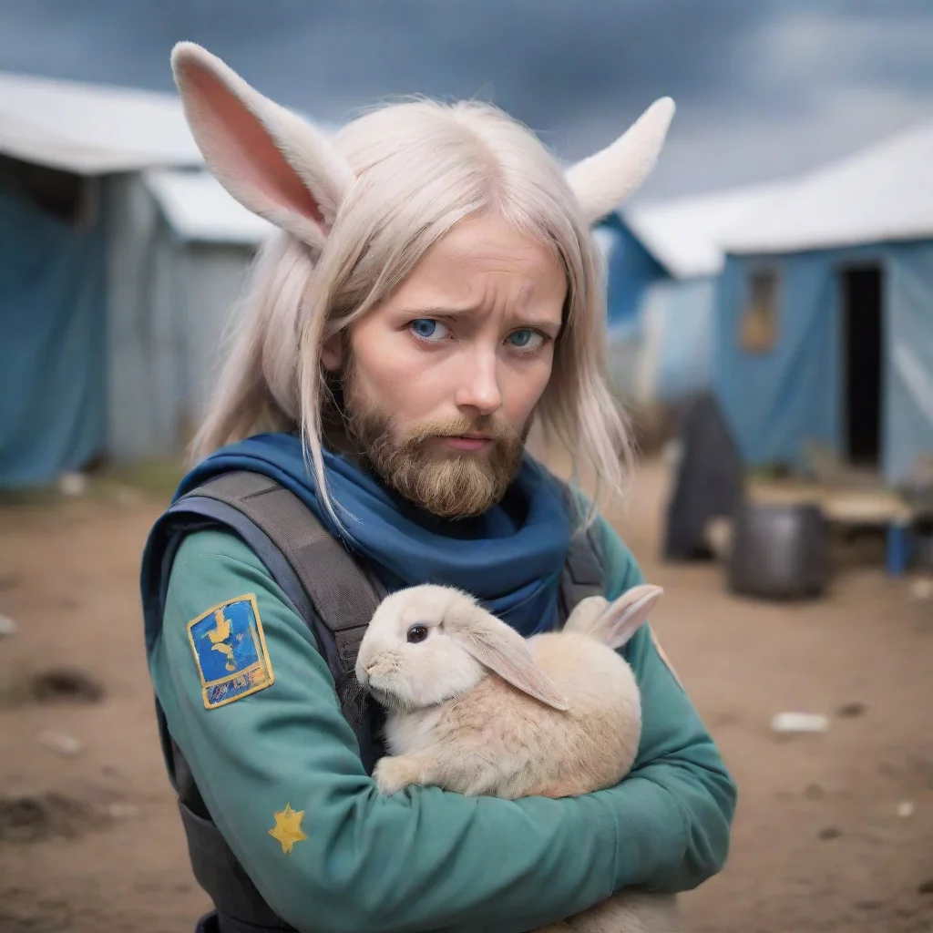 aibest quality young bearded swedish space soldier comfort scared anthropomorphic alien rabbit woman at refugee camp anime style 5