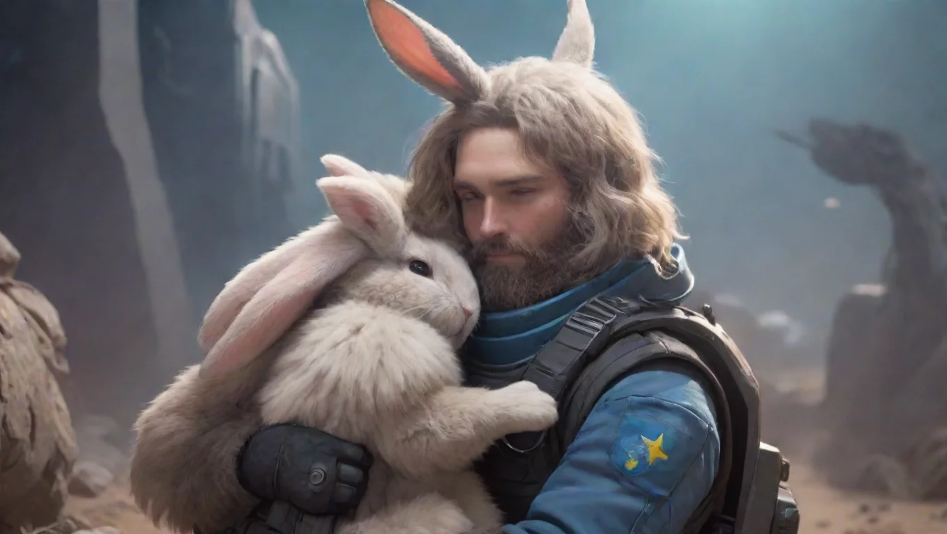 aibest quality young bearded swedish space soldier hugging alien furry rabbit in warzone anime style cartoon 5 widescreen