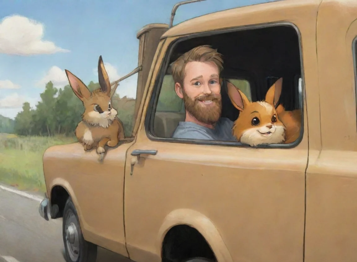 aibest quality young bearded swedish travis grady driving hauler truck with pet eevee cartoon 5 landscape43