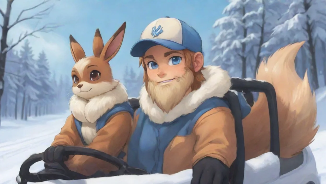 aibest quality young bearded swedish trucker human man with baseballcap driving with anthro furry eevee woman couple lovers winterlandscape cartoon anime style 5 widescreen