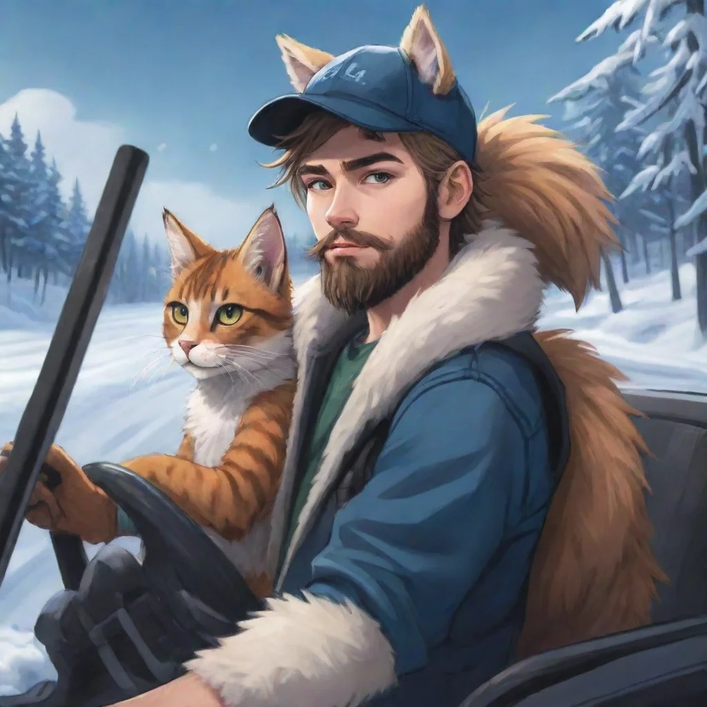 aibest quality young bearded swedish trucker man with baseballcap driving with anthro furry punk catgirl couple lovers winterlanscape anime style 5