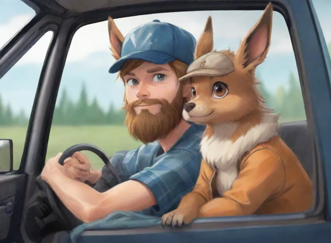 best quality young bearded swedish trucker man with baseballcap flannel driving with pet eevee anime style cartoon 5 landscape43