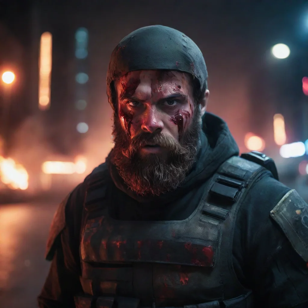 aibest quality young scary angry swedih space soldier bearded covered in blood staring at viewer frontal view city on fire in background nighttime 5