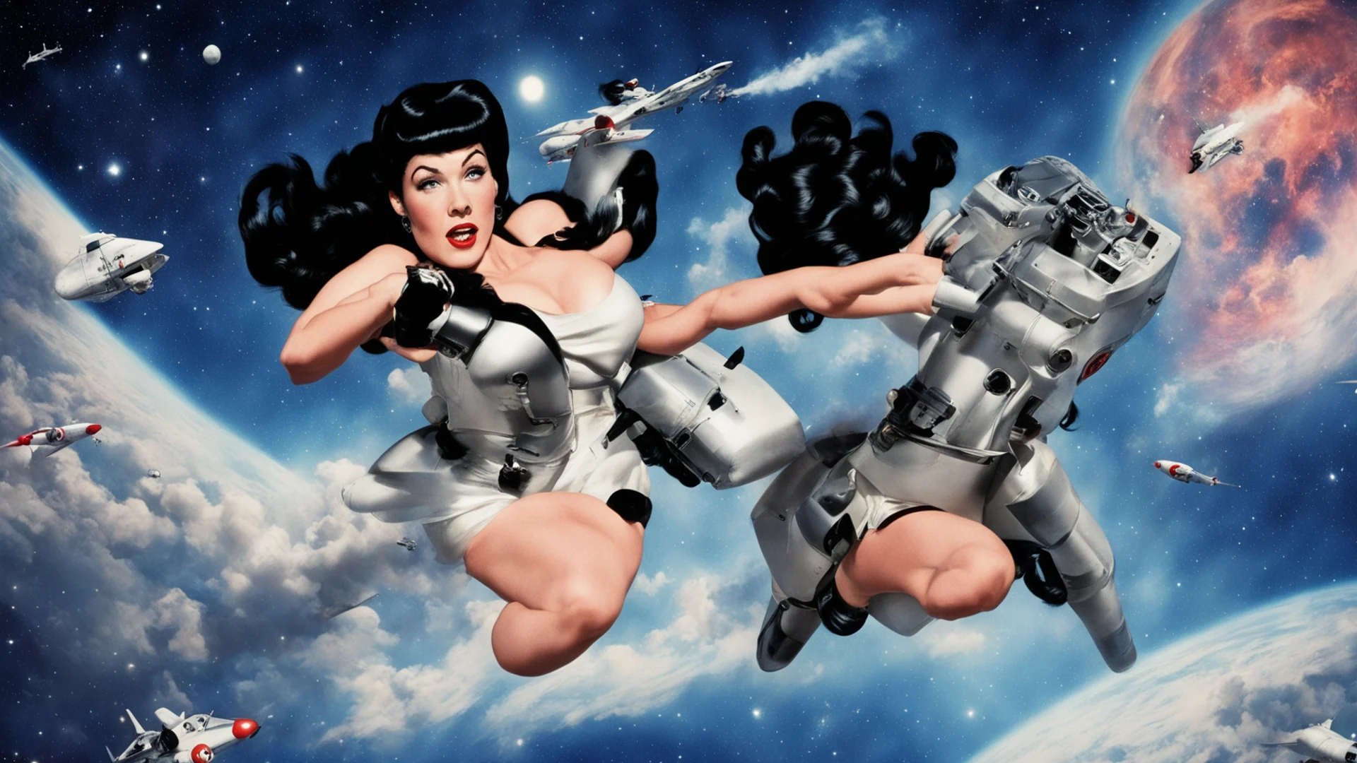 aibettie page as a b movie space traveller flying through space with a jet pack amazing awesome portrait 2 wide