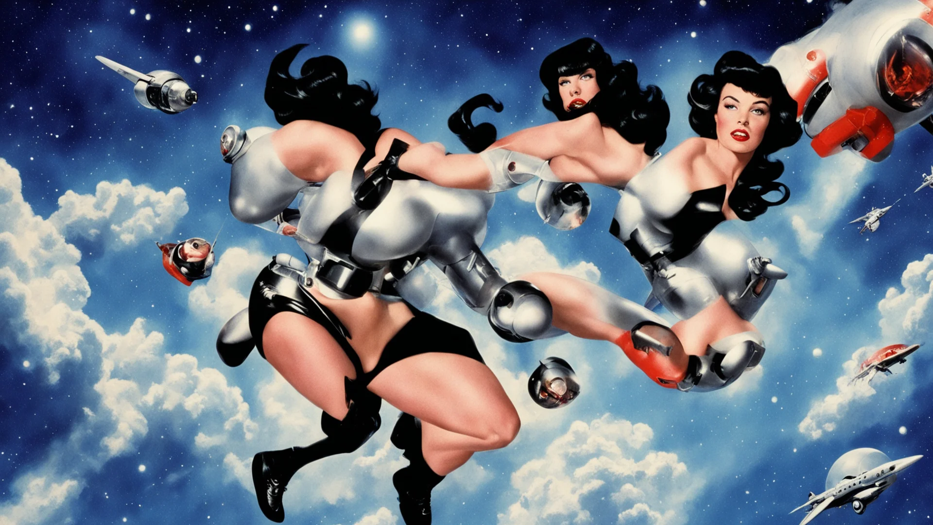 aibettie page as a b movie space traveller flying through space with a jet pack wide
