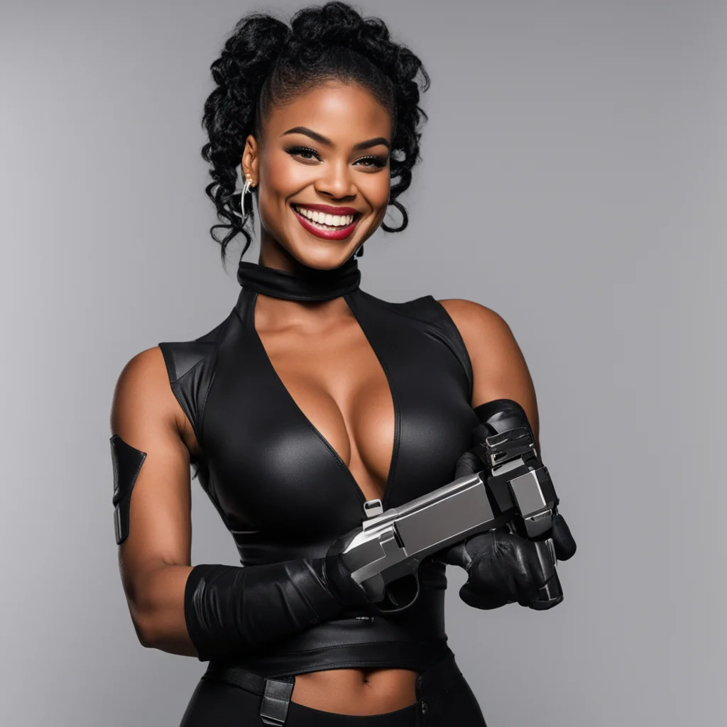 aibianca belair smiling with black nitrile gloves holding a gun   confident engaging wow artstation art 3