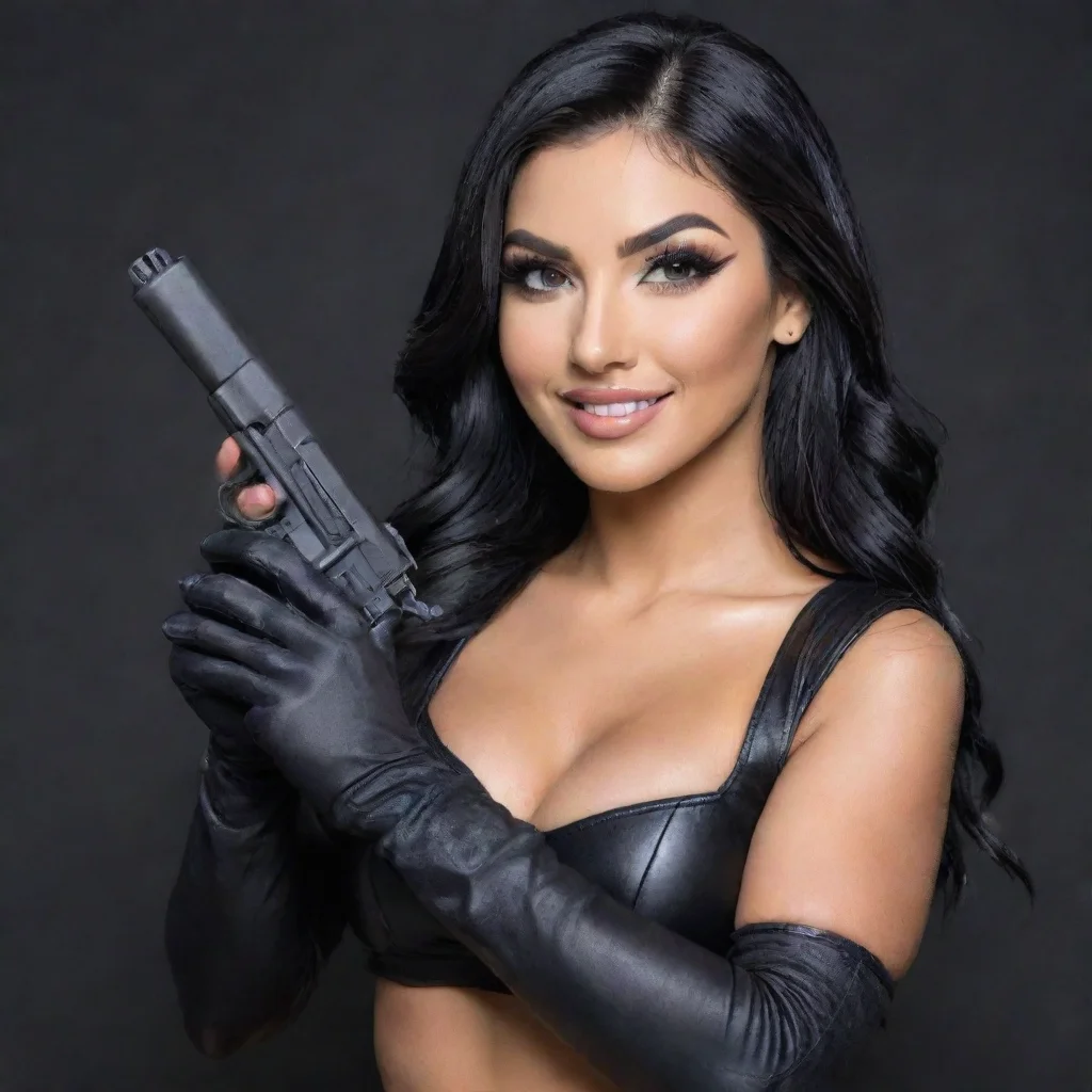 billie kay from the iiconics  smiling with black gloves and gun