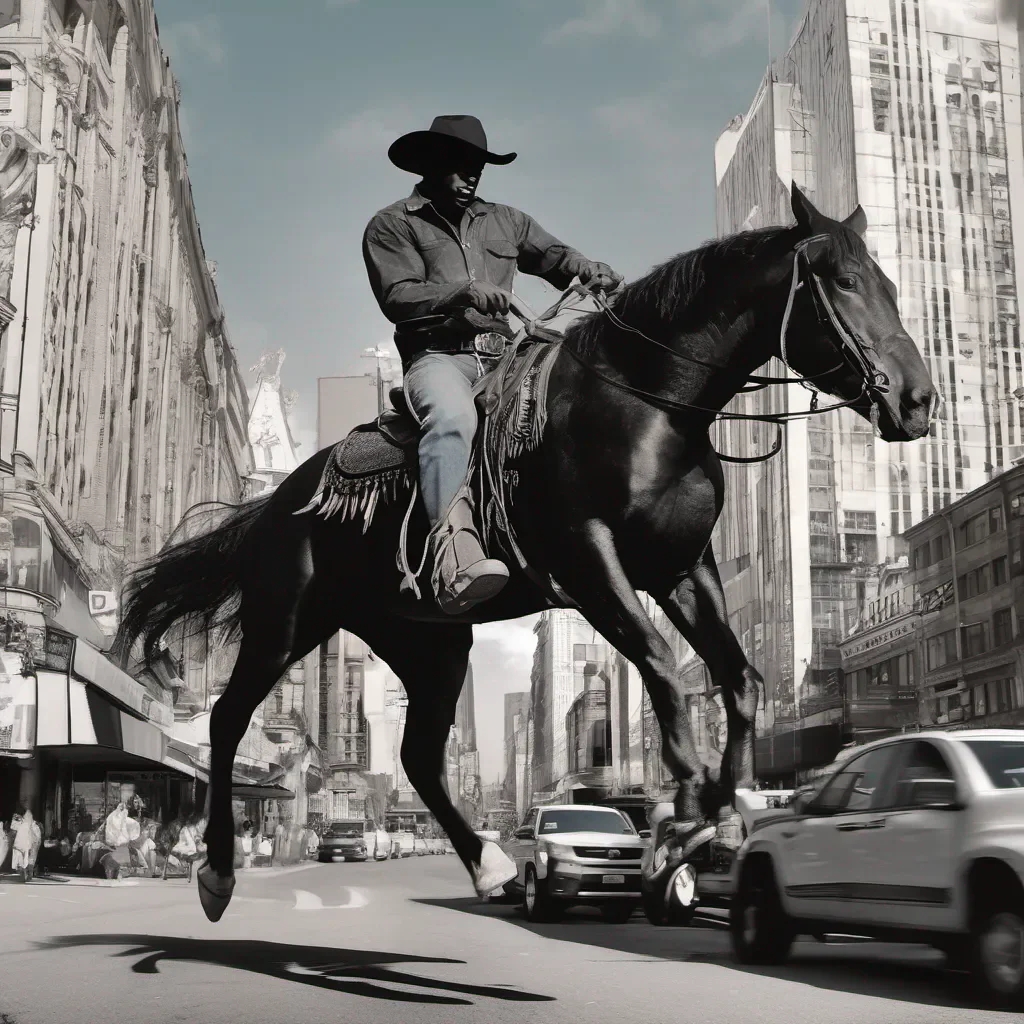 aiblack cowboy on a horse in the middle of a busy street confident engaging wow artstation art 3