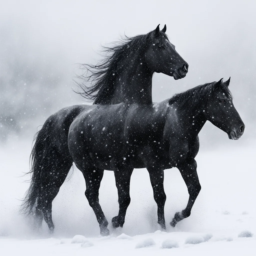 black horse in blizzard