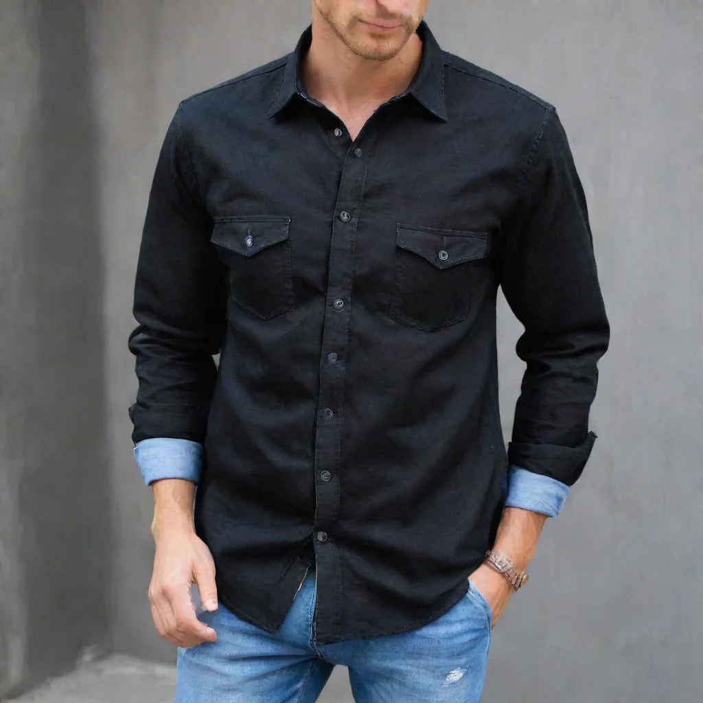 aiblack long sleeve denim shirt with the sleeves rolled up