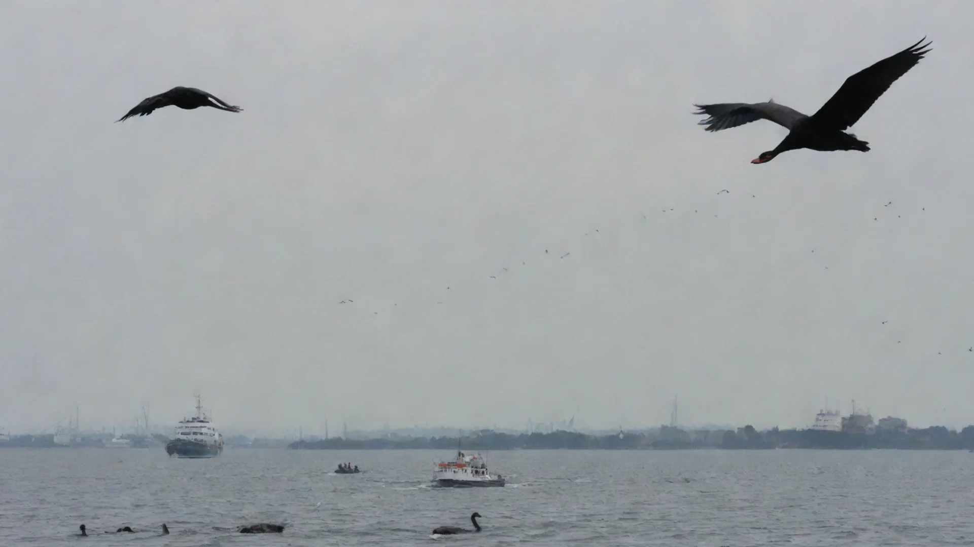 aiblack swans flying over a ship hdwidescreen