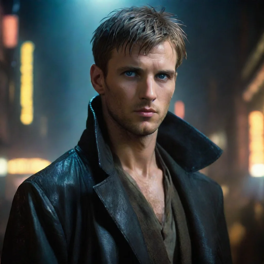 blade runner character portrait of a beautiful yet hanted young man dressed very well