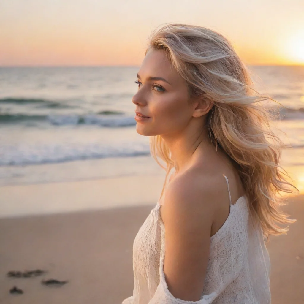 aiblonde woman on beach watching sunset