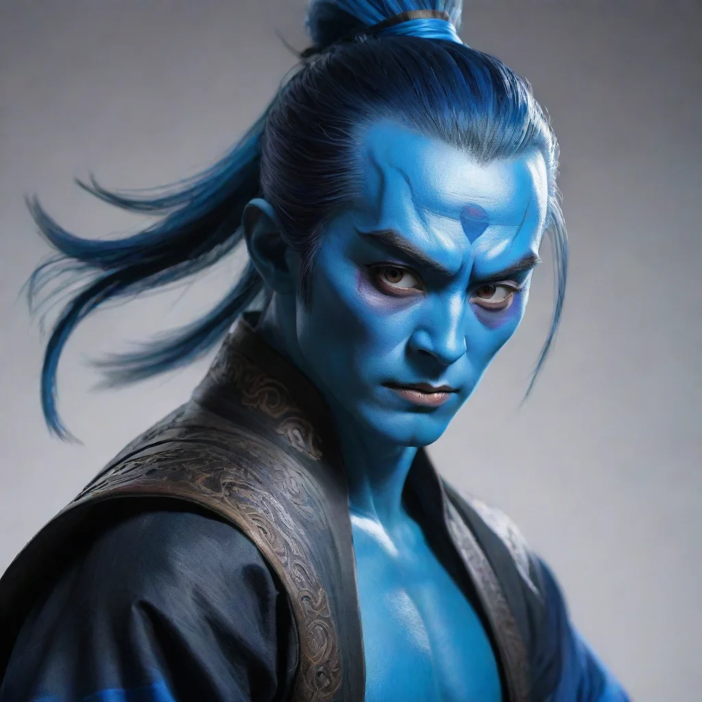 aiblue skinned male  comic portrait wuxia style with sword