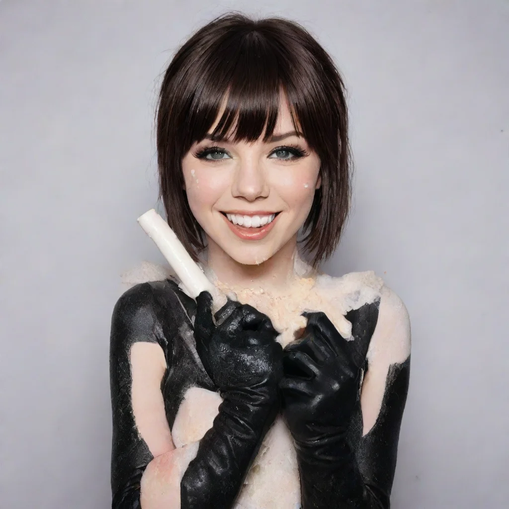 aicarly rae jepsen smiling with black  deluxe gloves and gun and mayonnaise splattered everywhere