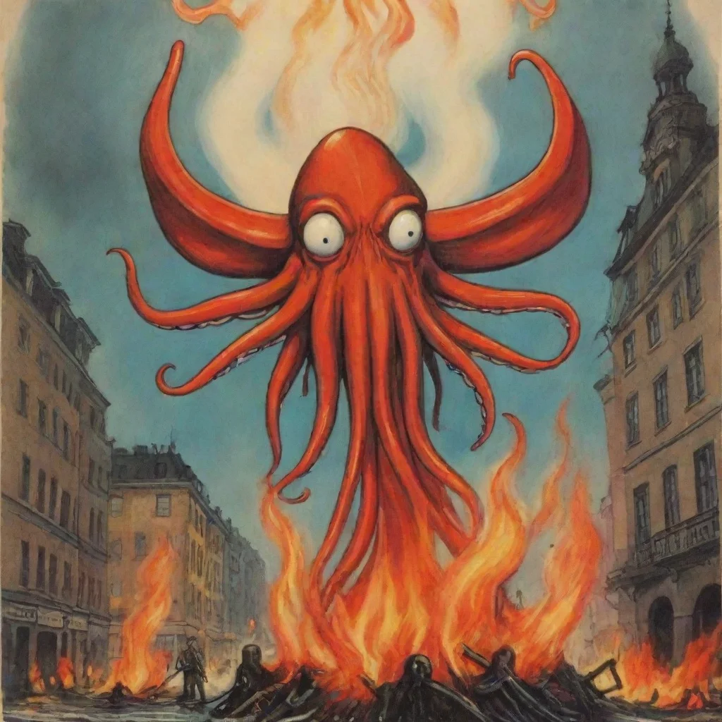 aicartoon evil satanic squid flying over burning stockholm propaganda poster hd