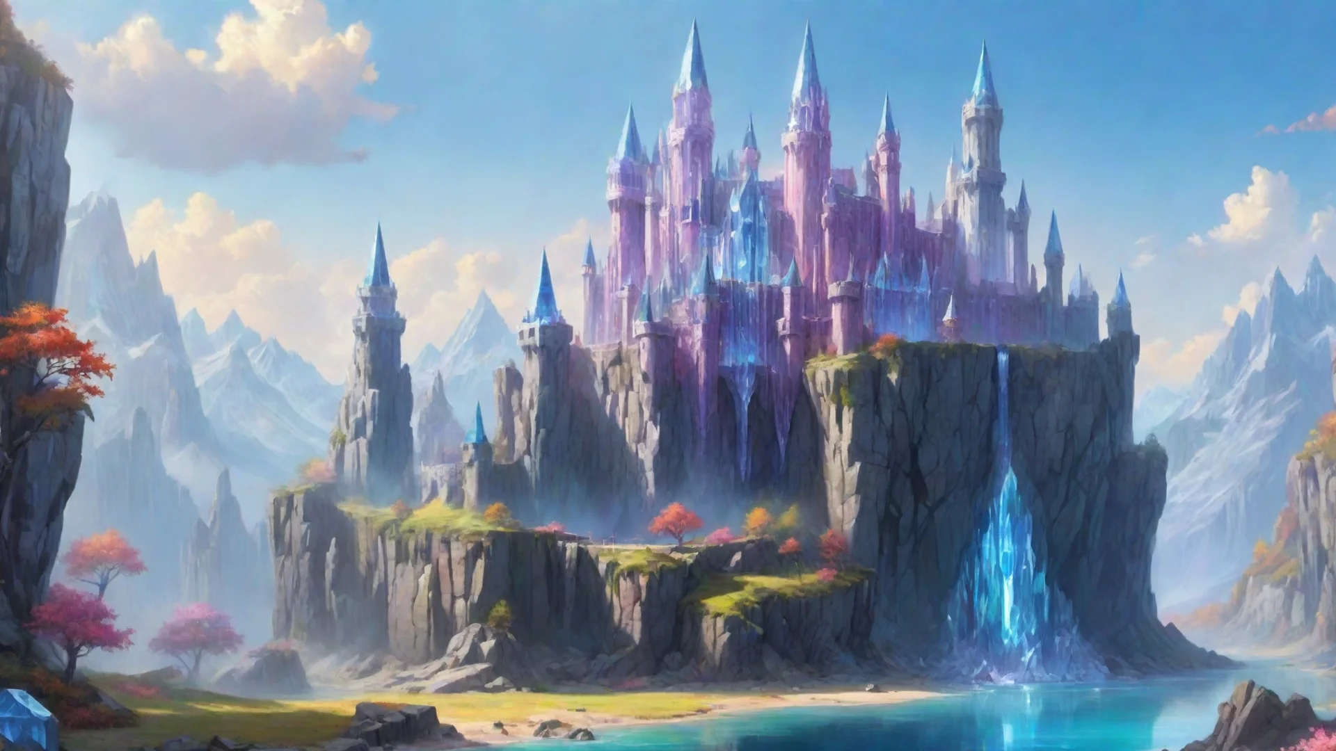 aicastle fantasy landscape with giant crystal build on giant crystal cliffs bright colors wide