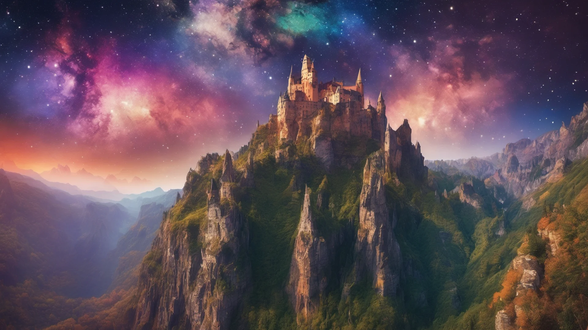 aicastle unreal landscape amazing starry colorful galaxies in sky steep cliffs overhangs  confident engaging wow artstation art 3 wide