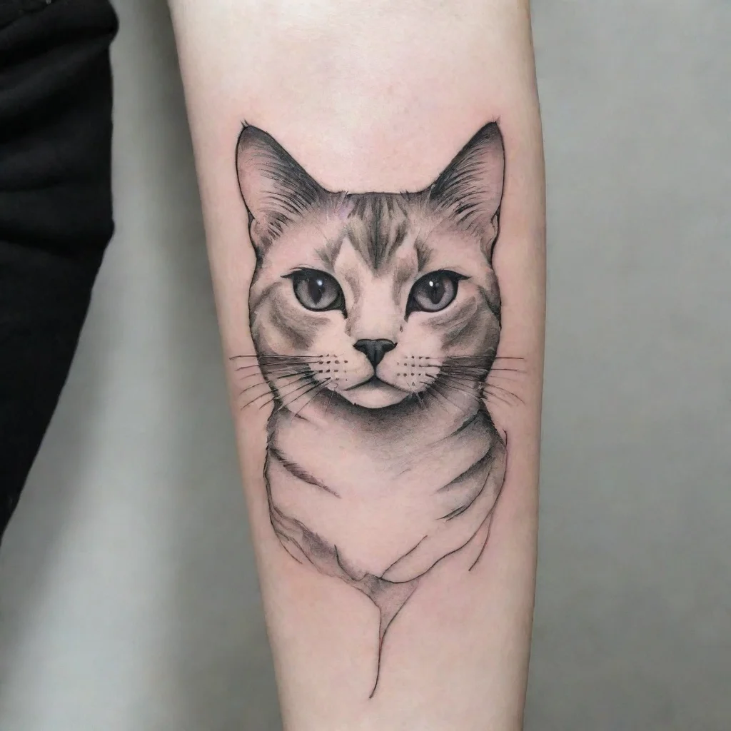 cat fine line black and white tattoo