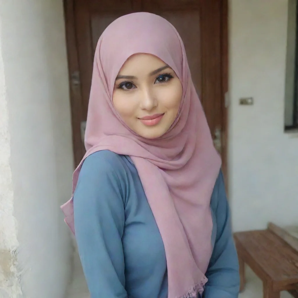 aicewek cantik berhijab foto di teras rumah perumahan mewah