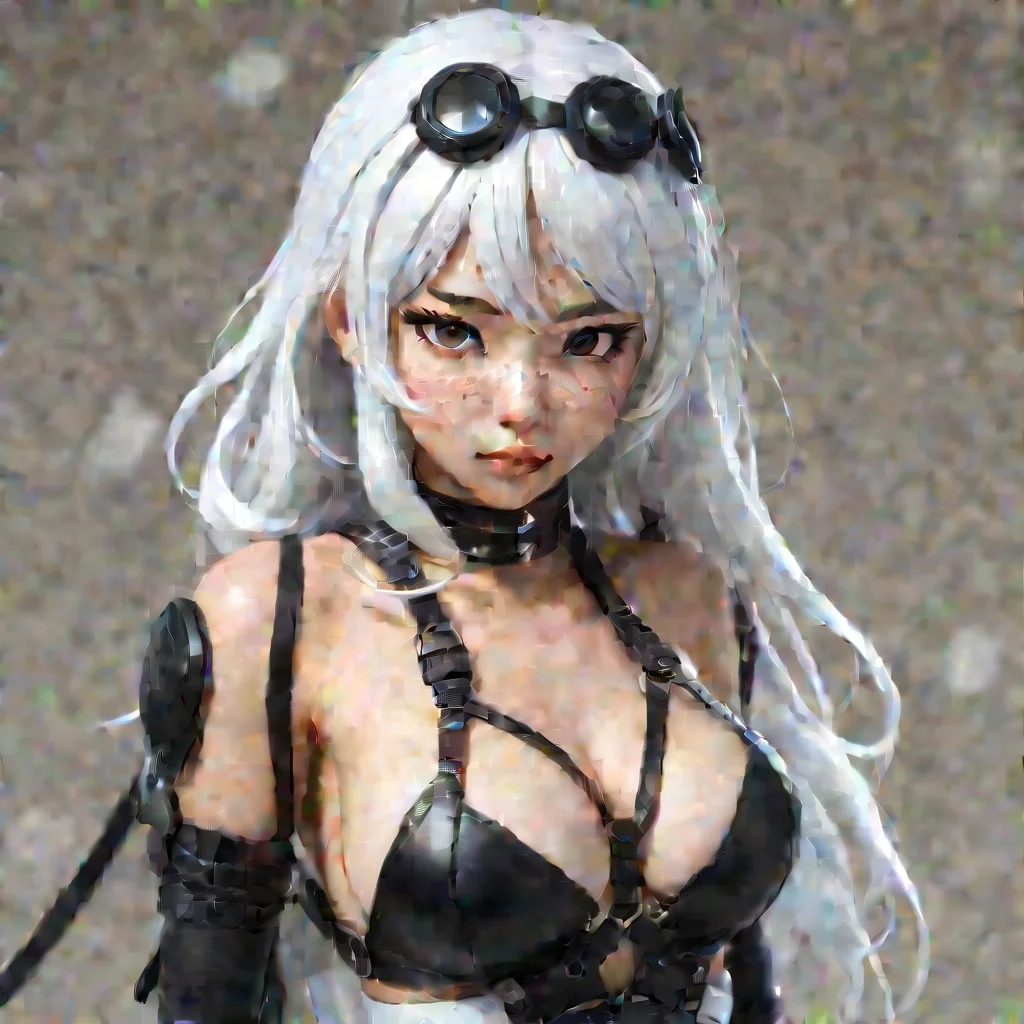aicharacter card white haired 3d manga superhero wearing strappy black harness costume freckled asian woman with white hai