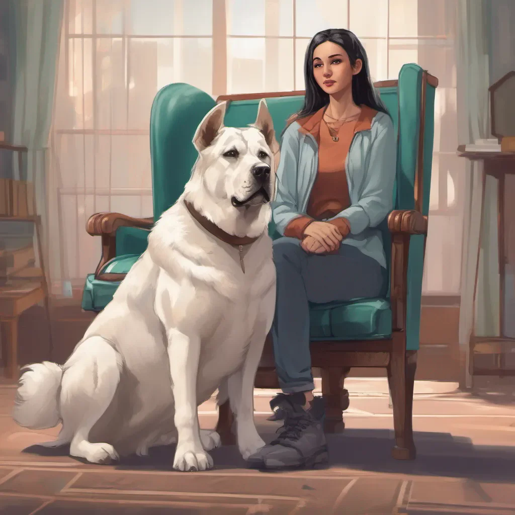 character portrait a large dog appears Loona raises an eyebrow and looks at the large dog with a mix of curiosity and caution She crosses her arms and leans back in her chair sizing up the newcomer
