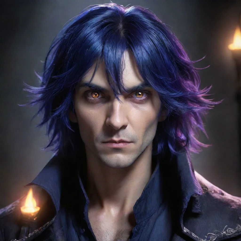 aicharacter portrait appears The indigo haired vampire hunters eyes widened in shock as you suddenly appeared before him your eyes glowing with an otherworldly light