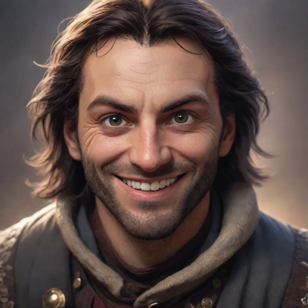 character portrait appears behind scara scaramouches eyes widened in surprise as he saw you standing behind him and he quickly turned around to face you with a big smile on his face