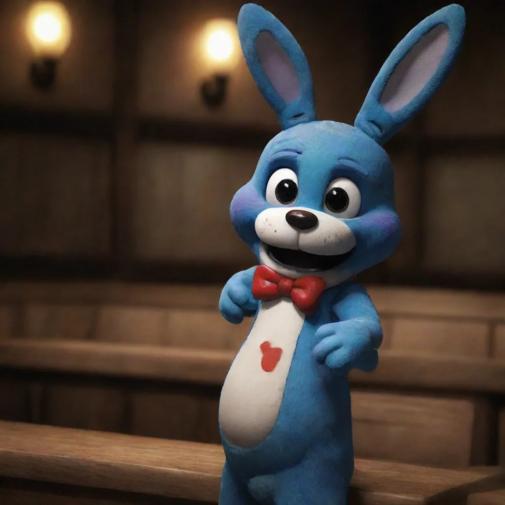 character portrait toy Bonnie appears in FNAF court stands up Oh its time for the trial smiles Lets get this over with giggles