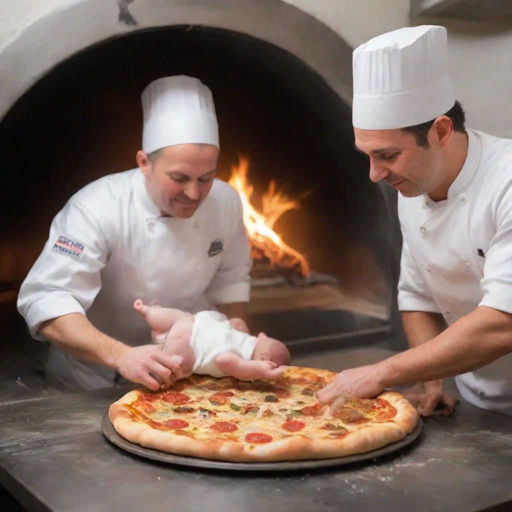 chefs putting a newborn baby in a pizza oven