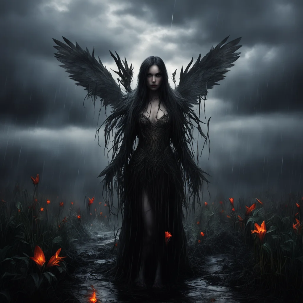 aicinematic dark fantasy sorrow lillies thornes clouds rain embers angel amazing awesome portrait 2